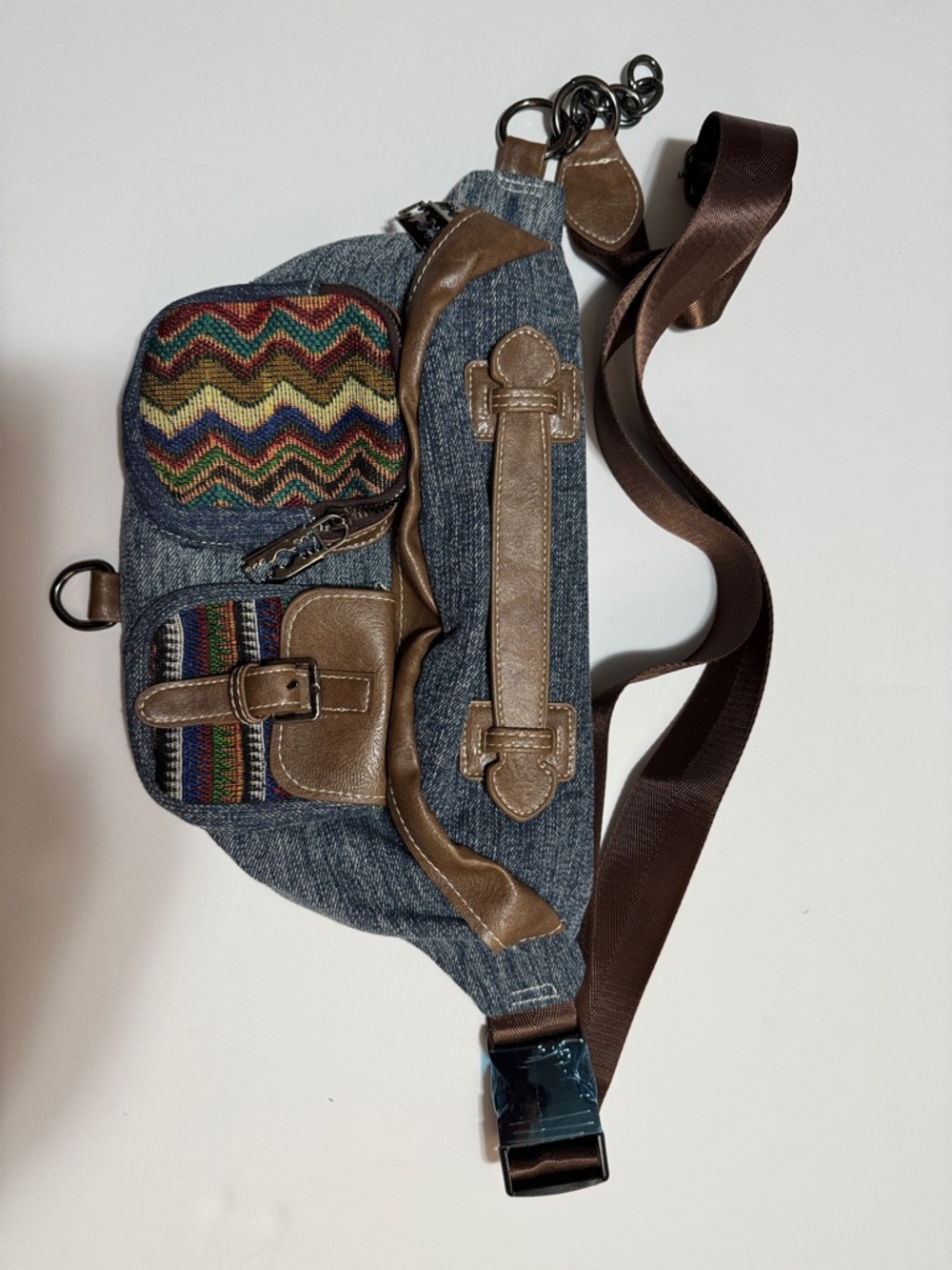 Brown & Denim Crossbody Sling Bag with Multicolor Accent